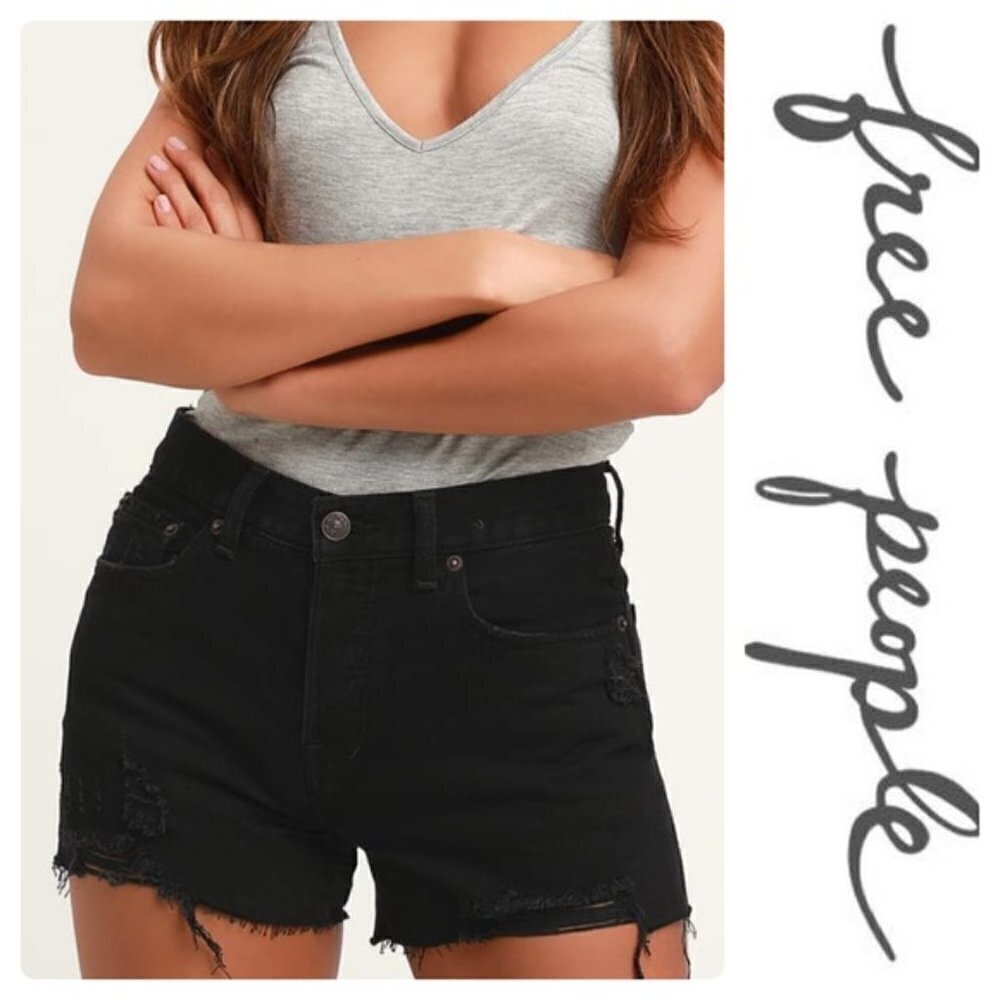 Free People Button Fly True Black Jean Shorts 24